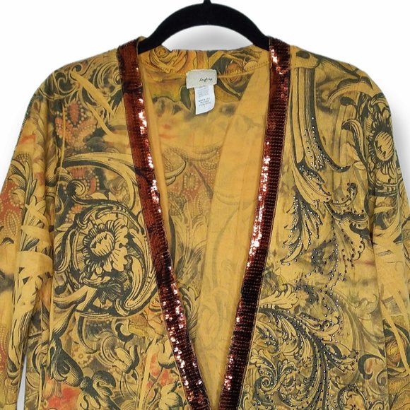 Daytrip Thin Knit Open Cardigan Sweater Size L Yellow Sequin Collar Studded - Picture 3 of 8